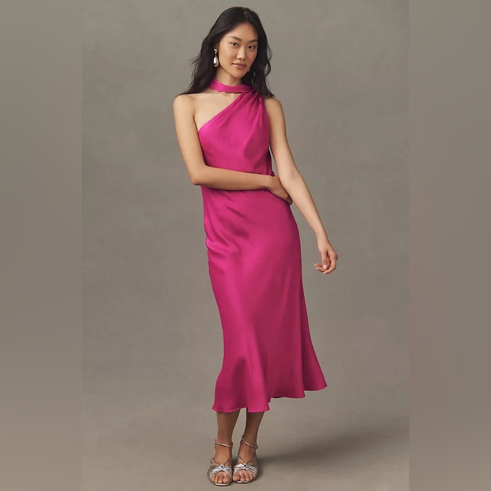 BHLDN Nicoletta One-Shoulder Scarf Satin Midi Dress